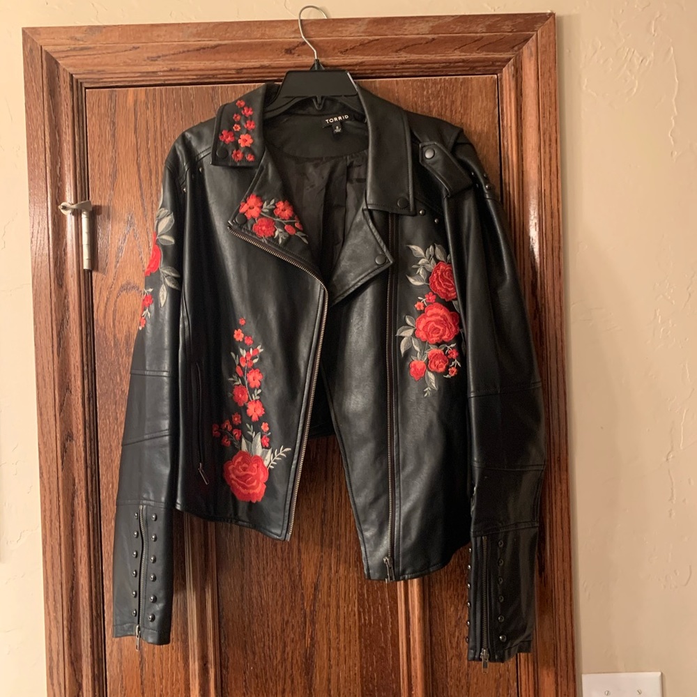 Floral embroidered Leather Jacket